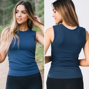 NEW Zyia Active Parallel Tank Top Seamless Stretchy Ribbed Knit Navy Blue XXL